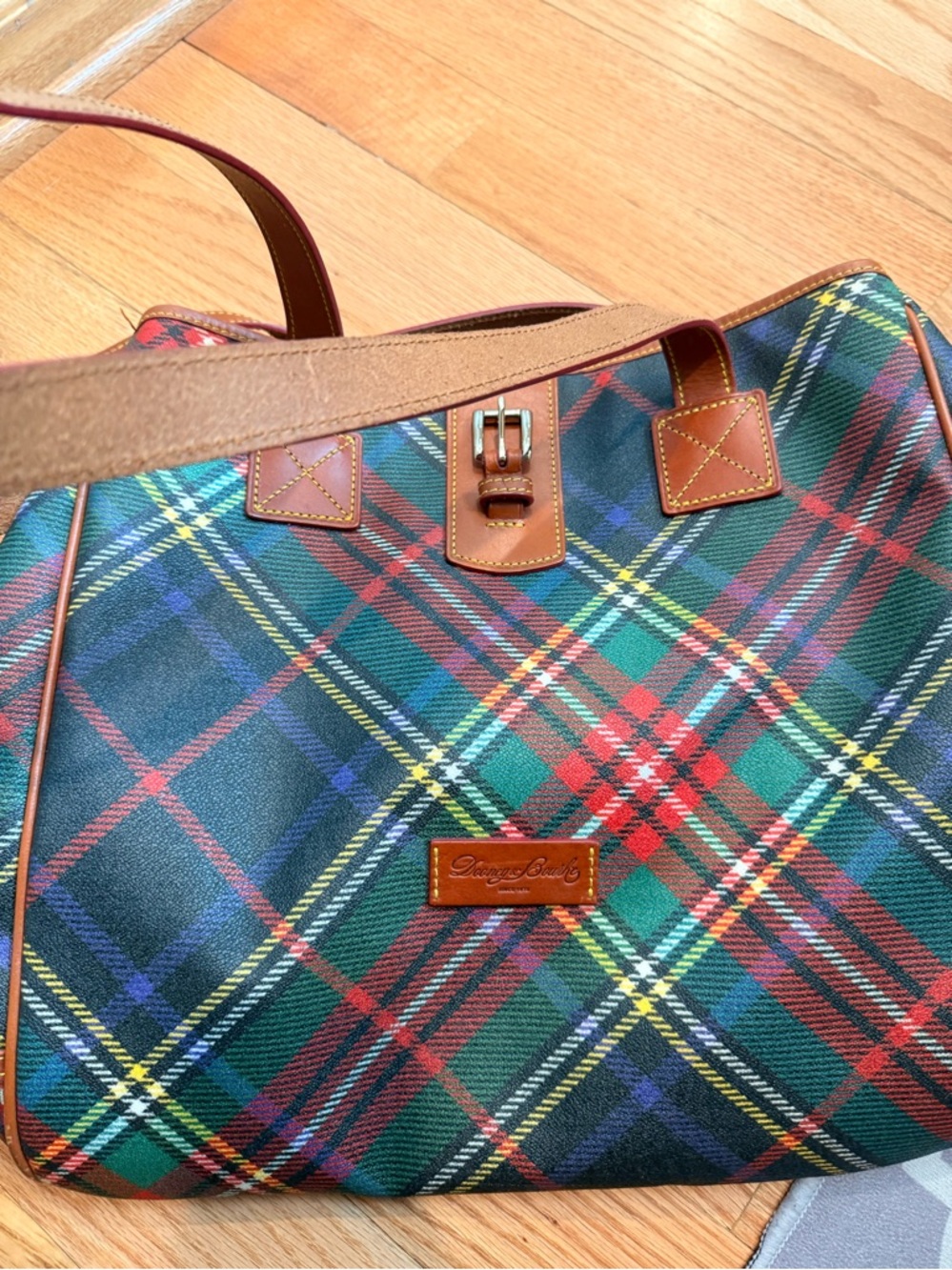 Dooney & Bourke Green Red Plaid Tote with Brown Trim